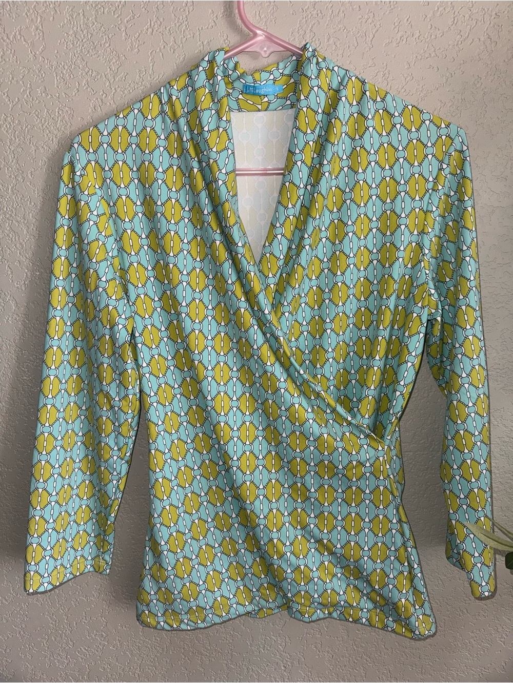 J. McLaughlin Geometric Chain Print Faux Wrap Surplice Top Blue Green Size S